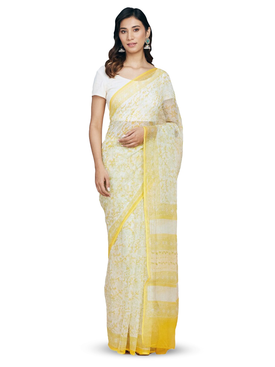

Fabindia Floral Block Printed Silk Cotton Saree, Yellow