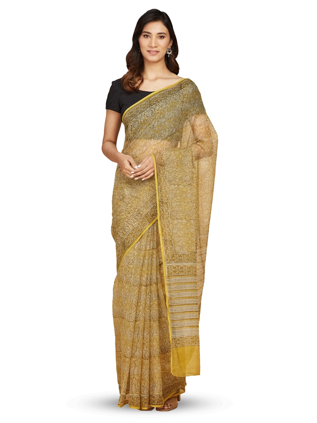 

Fabindia Ethnic Motifs Printed Silk Cotton Bagru Saree, Mustard