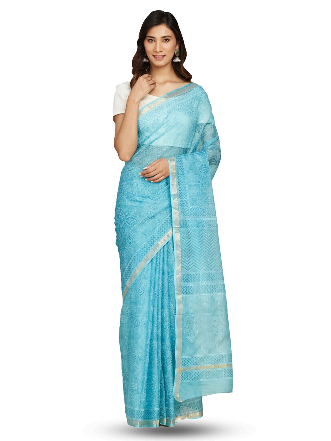 

Fabindia Floral Block Printed Zari Pure Silk Saree, Turquoise blue