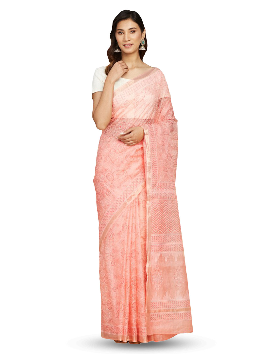 

Fabindia Ethnic Motifs Block Printed Zari Pure Silk Saree, Peach