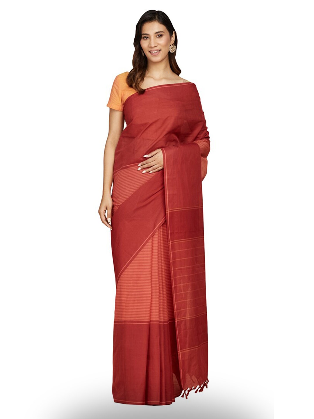 

Fabindia FabBasic Striped Pure Cotton Saree, Red