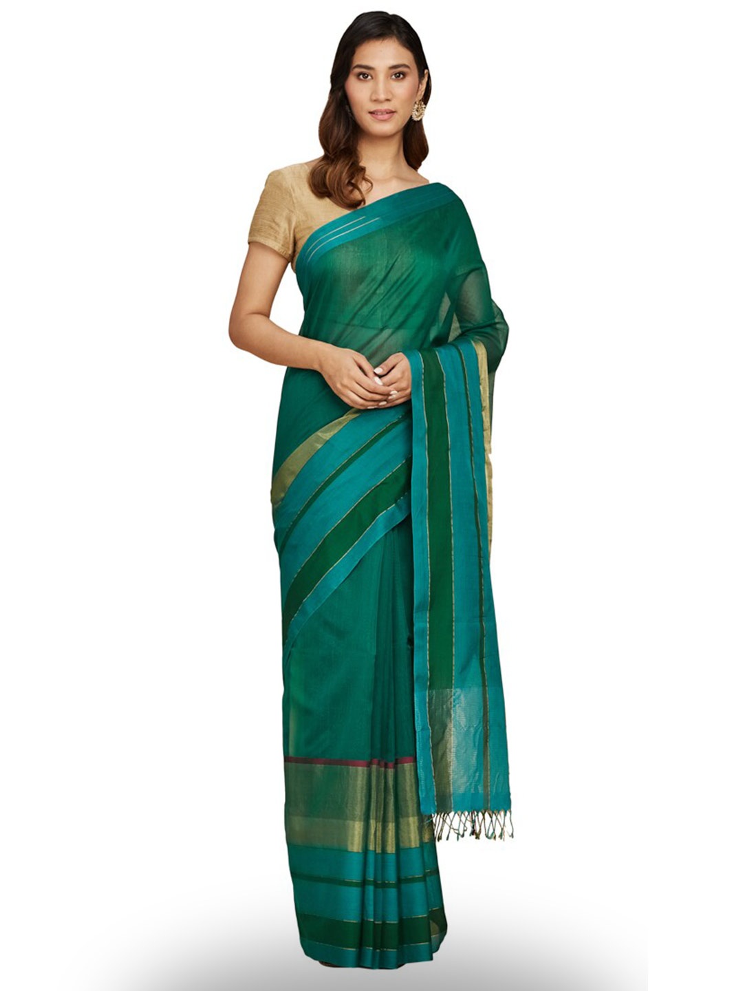 

Fabindia Silk Blend Maheshwari Saree, Green