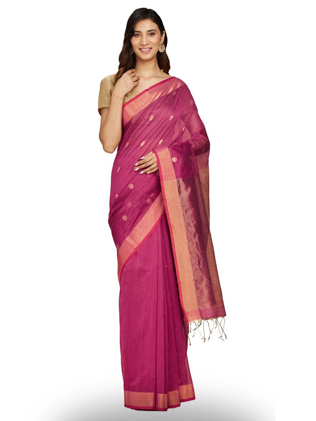 

Fabindia Geometric Woven Design Jamdani Saree, Magenta