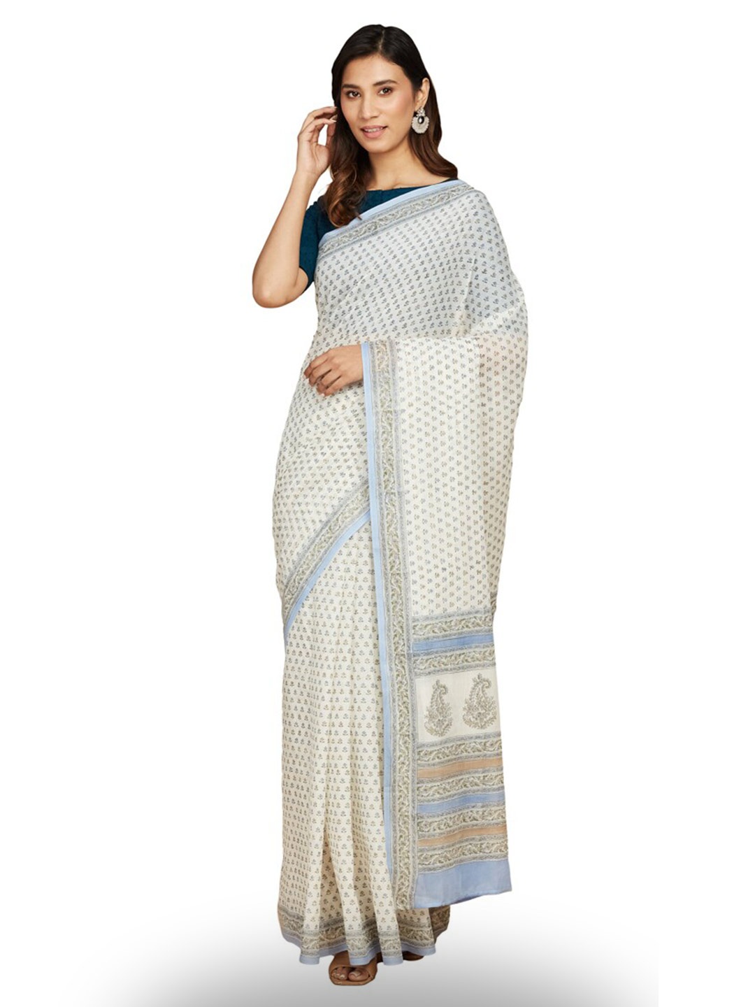

Fabindia Ethnic Motifs Block Printed Pure Cotton Saree, White