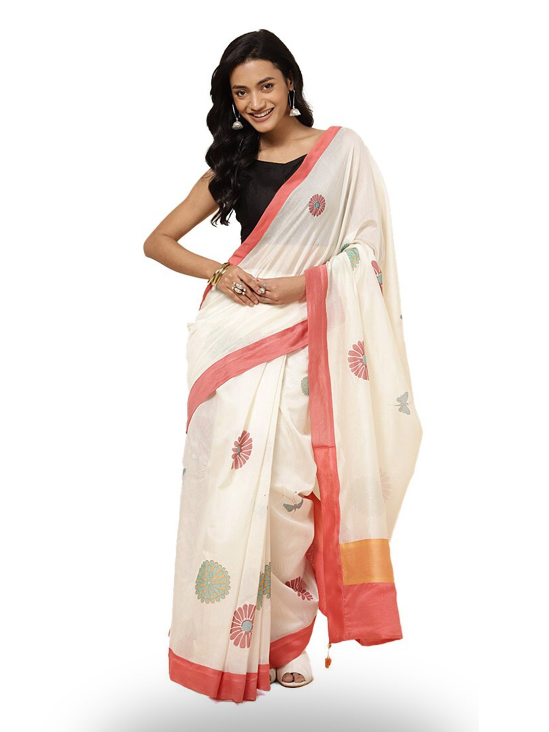 

Fabindia Floral Printed Silk Cotton Saree, White