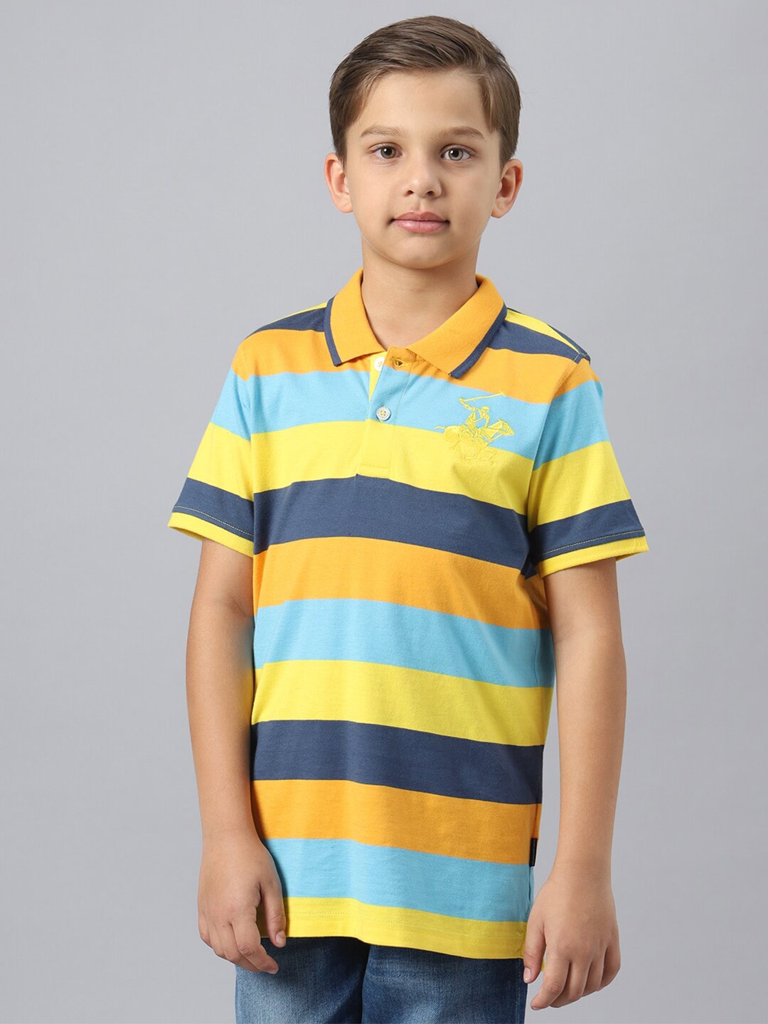 

Beverly Hills Polo Club Boys Striped Polo Collar Pure Cotton T-shirt, Yellow