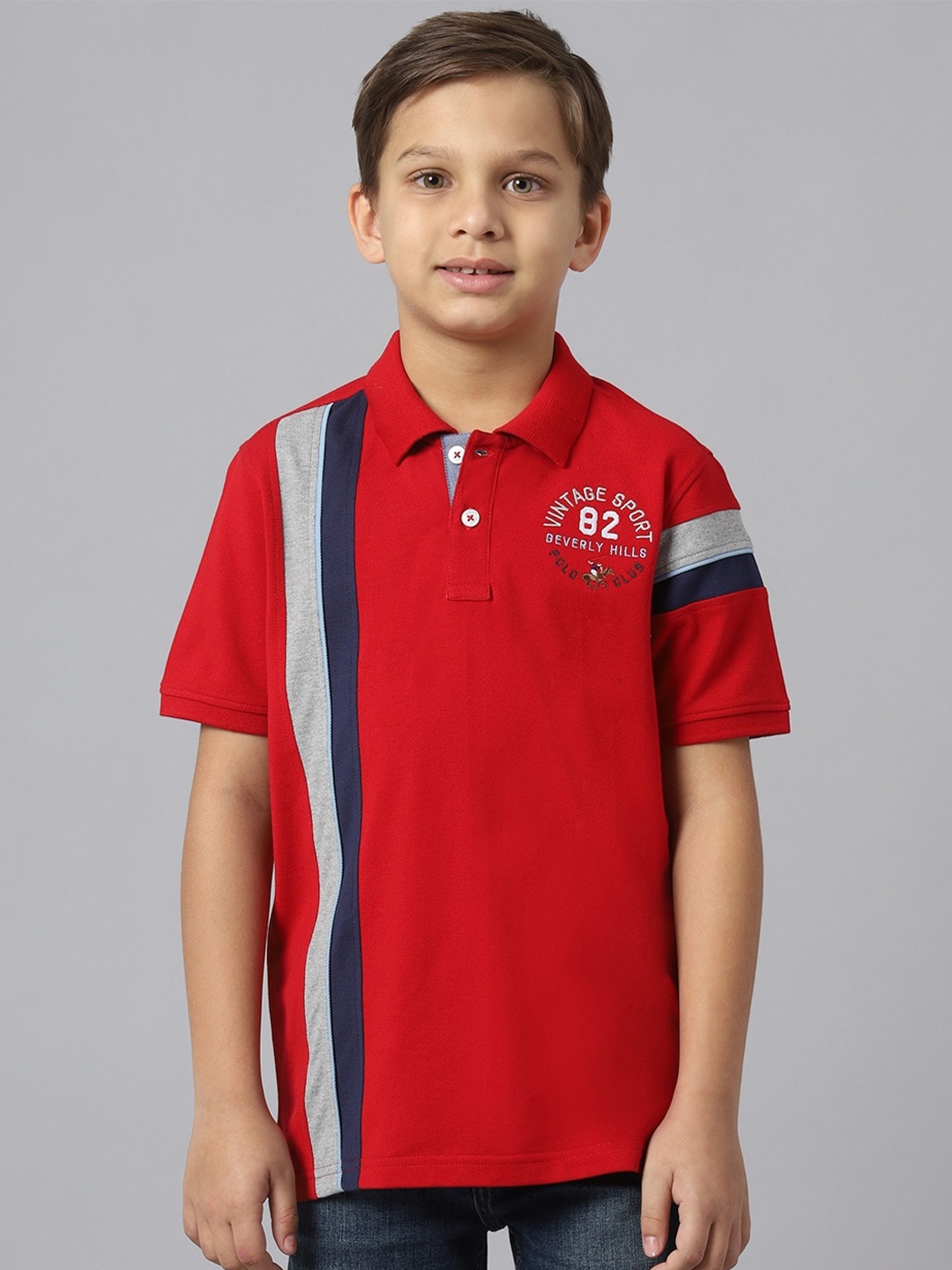 

Beverly Hills Polo Club Boys Colourblocked Polo Collar Pure Cotton T-shirt, Red