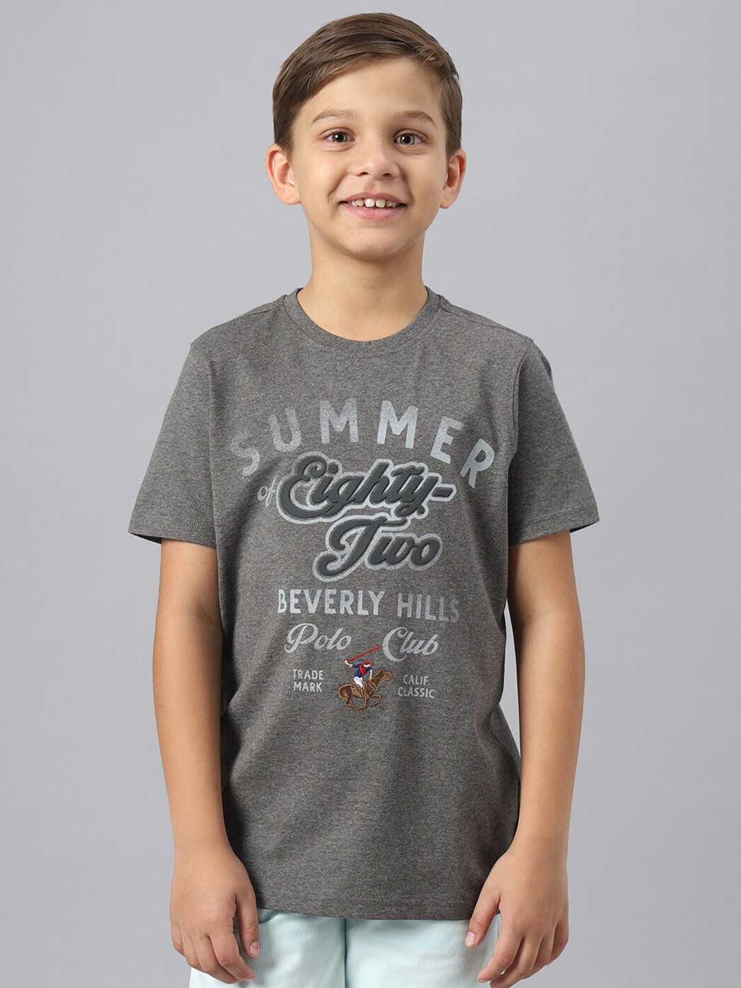 

Beverly Hills Polo Club Boys Typography Printed Pure Cotton T-shirt, Grey