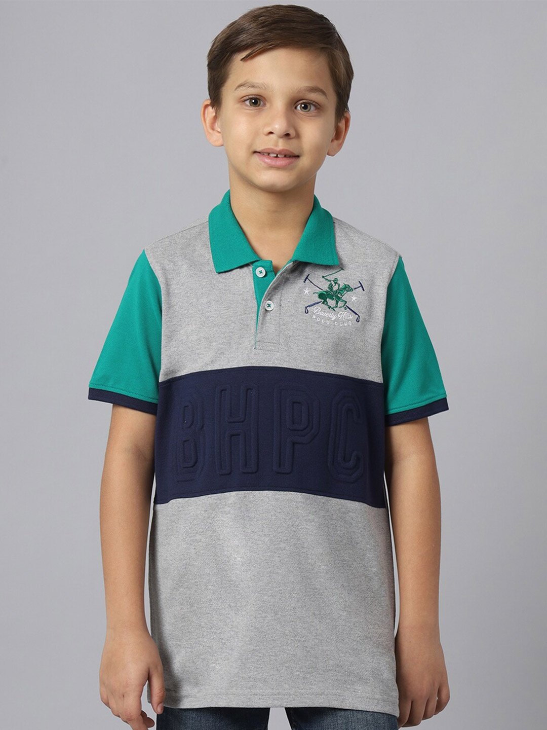 

Beverly Hills Polo Club Boys Colourblocked Polo Collar Pure Cotton T-shirt, Grey