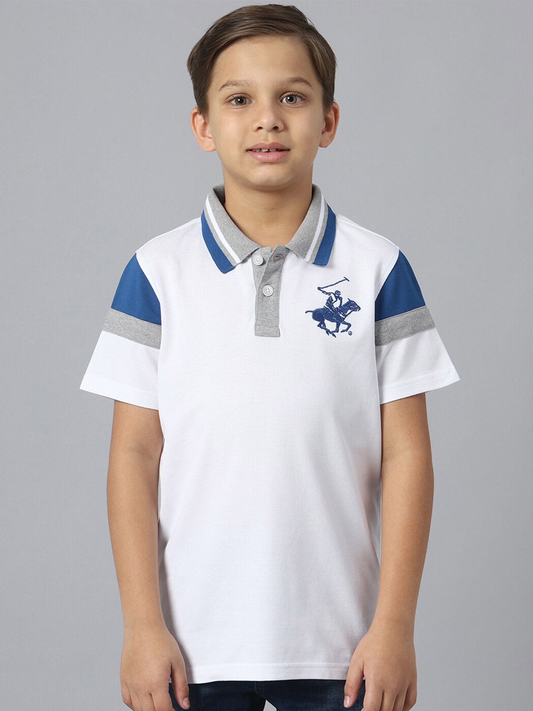 

Beverly Hills Polo Club Boys Colourblocked Polo Collar Pure Cotton T-shirt, White