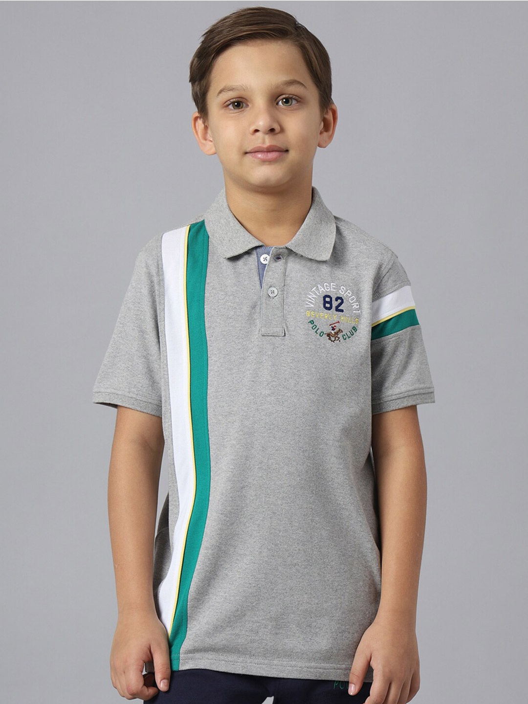 

Beverly Hills Polo Club Boys Striped Polo Collar Pure Cotton T-shirt, Grey