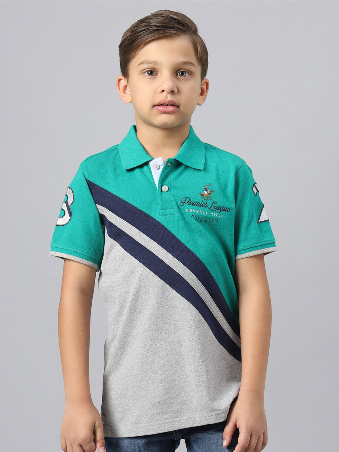 

Beverly Hills Polo Club Boys Striped Polo Collar Pure Cotton T-shirt, Green