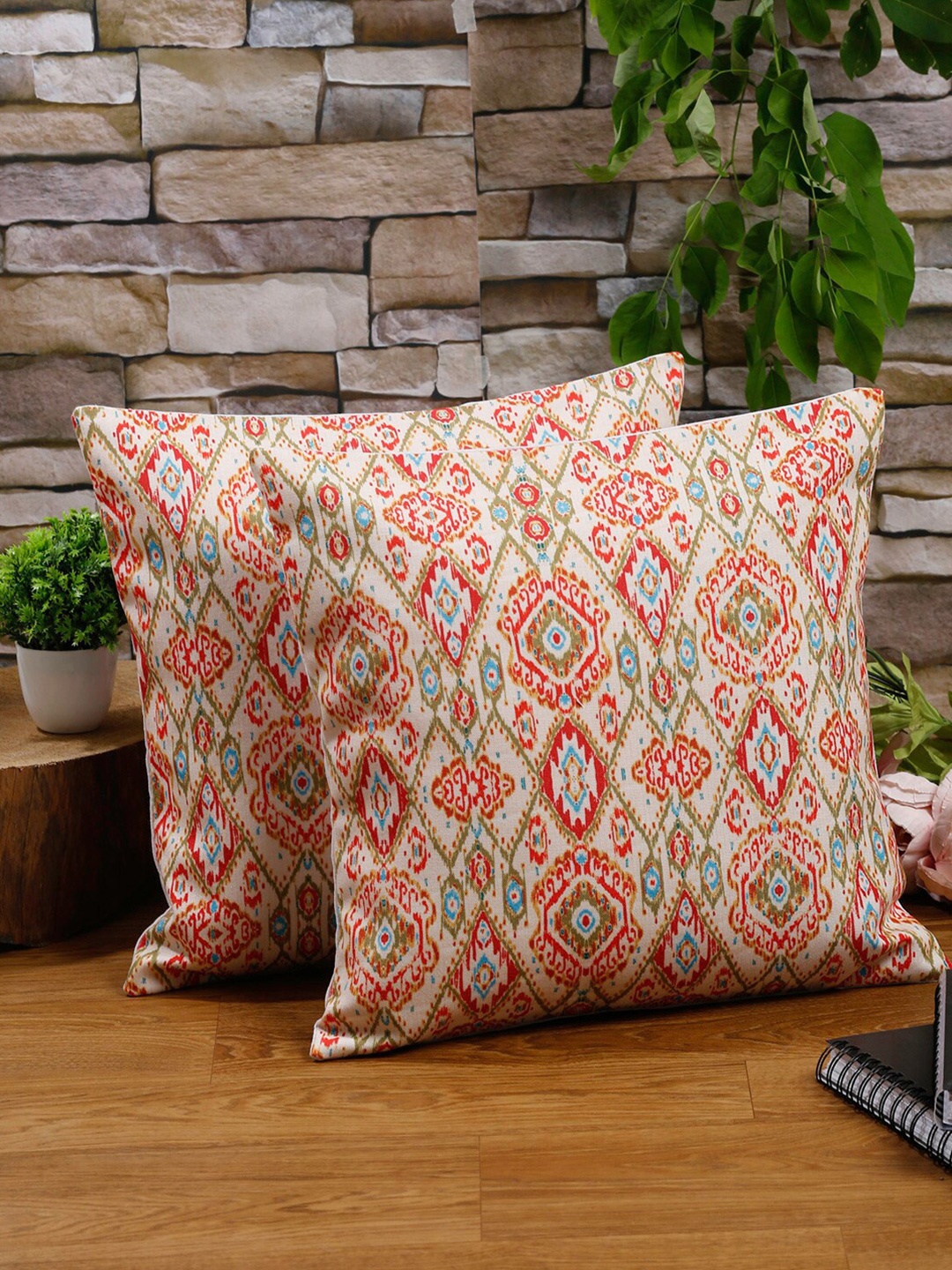 

Alina decor Green & Red 2 Pieces Ethnic Motifs Square Cushion Covers