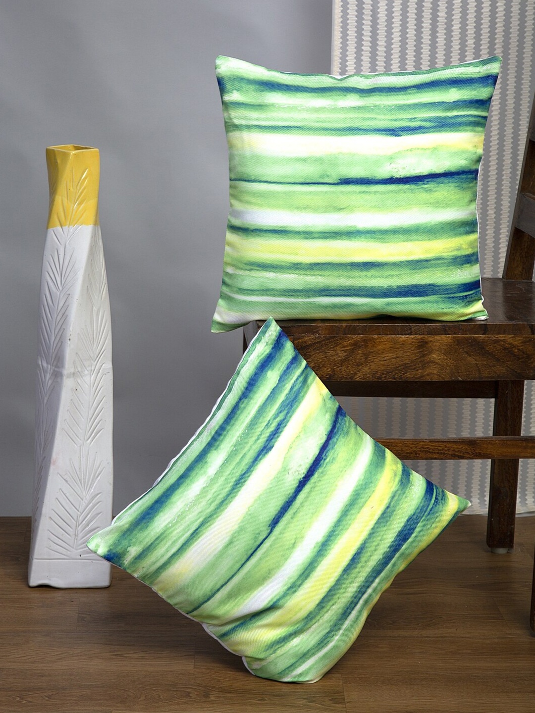 Alina decor Green & White 2 Pieces Abstract Square Cushion Covers
