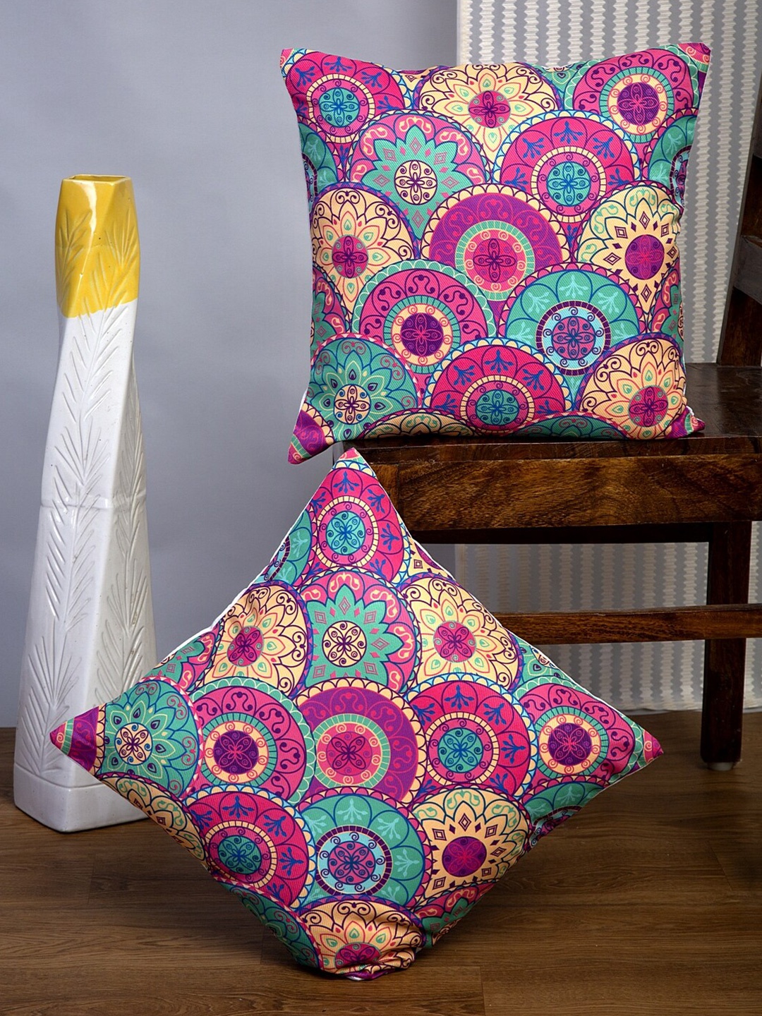 

Alina decor Pink & Yellow 2 Pieces Ethnic Motifs Square Cushion Covers