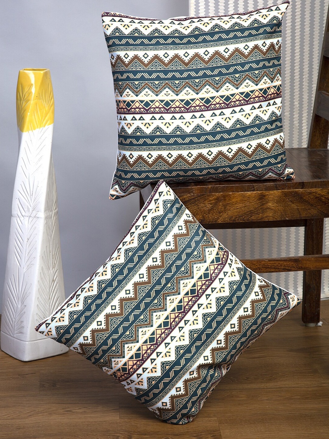 

Alina decor Green & White 2 Pieces Ethnic Motifs Square Cushion Covers