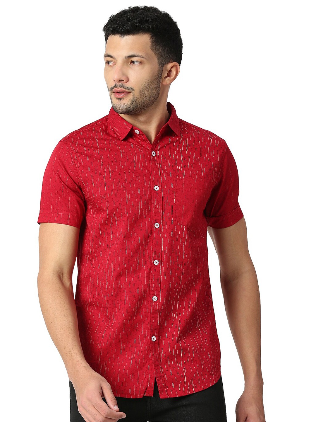 

VALEN CLUB Spread Collar Slim Fit Conversational Printed Cotton Casual Shirt, Red