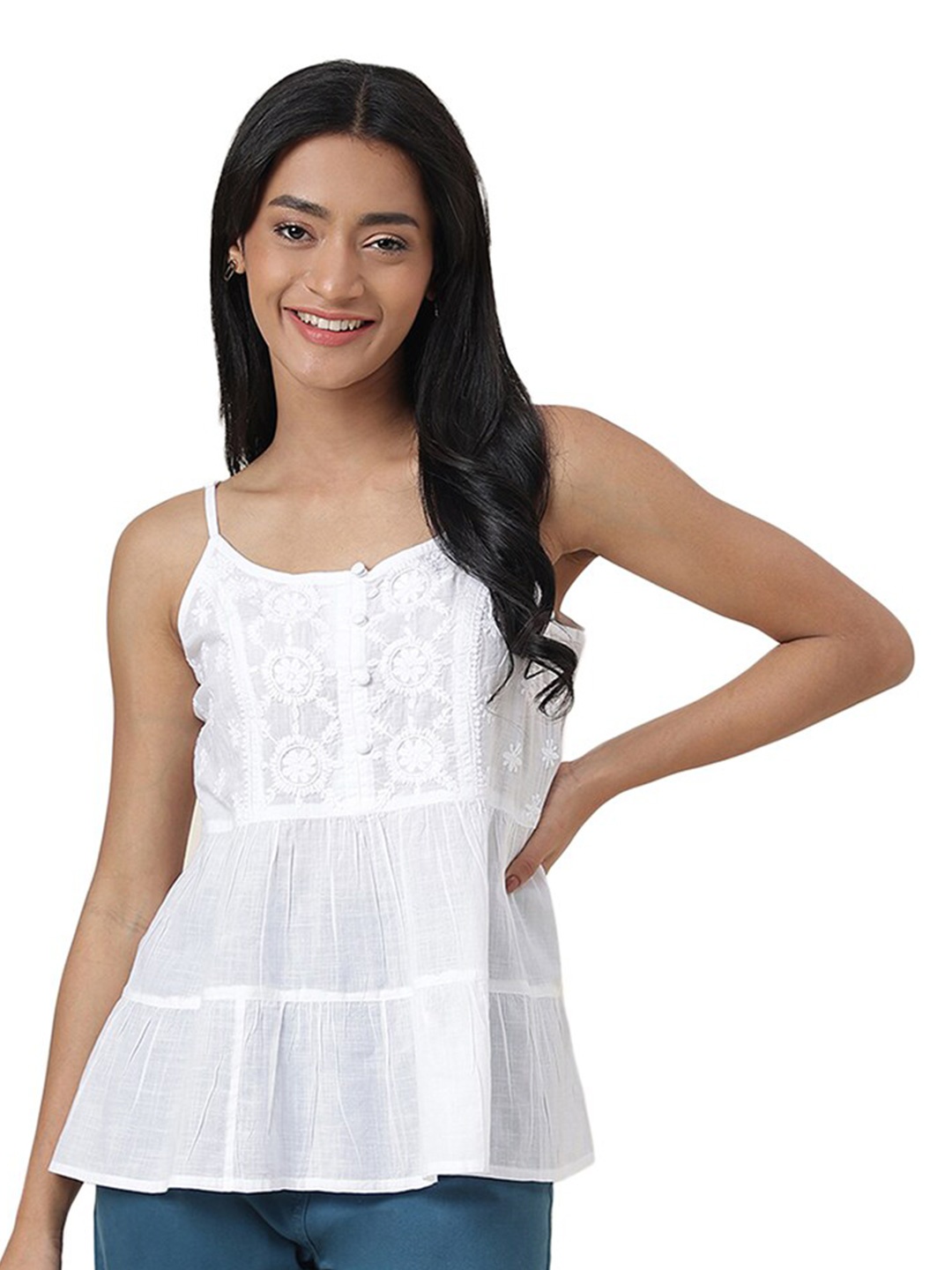 

Fabindia Shoulder Straps Cotton Chikankari Top, White