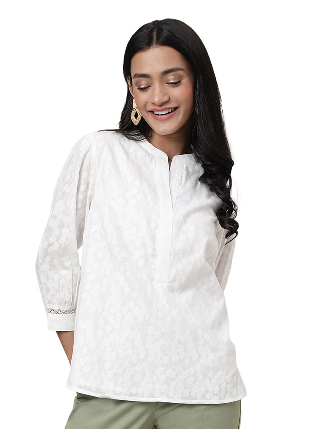 

Fabindia Self Design Mandarin Collar Cotton Top, White
