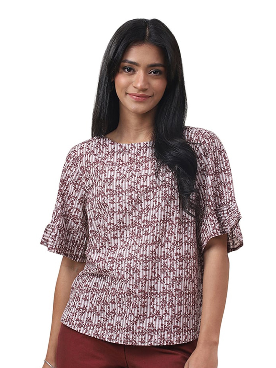 

Fabindia Floral Printed Flared Sleeves Cotton Top, White