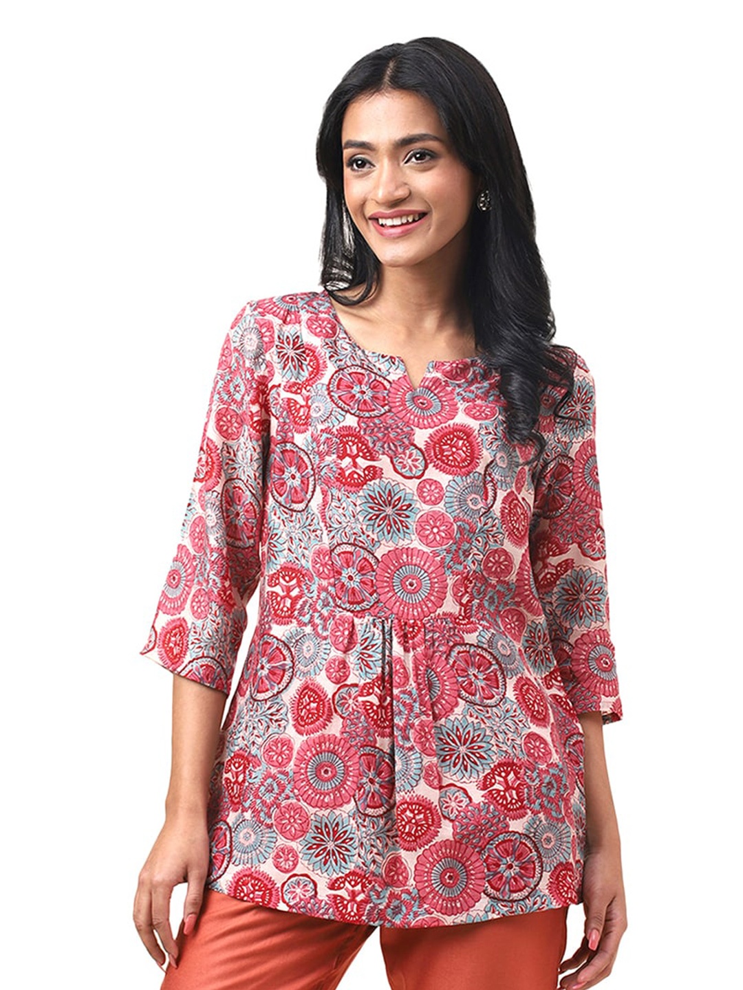 

Fabindia Floral Printed Round Neck A-Line Top, Pink