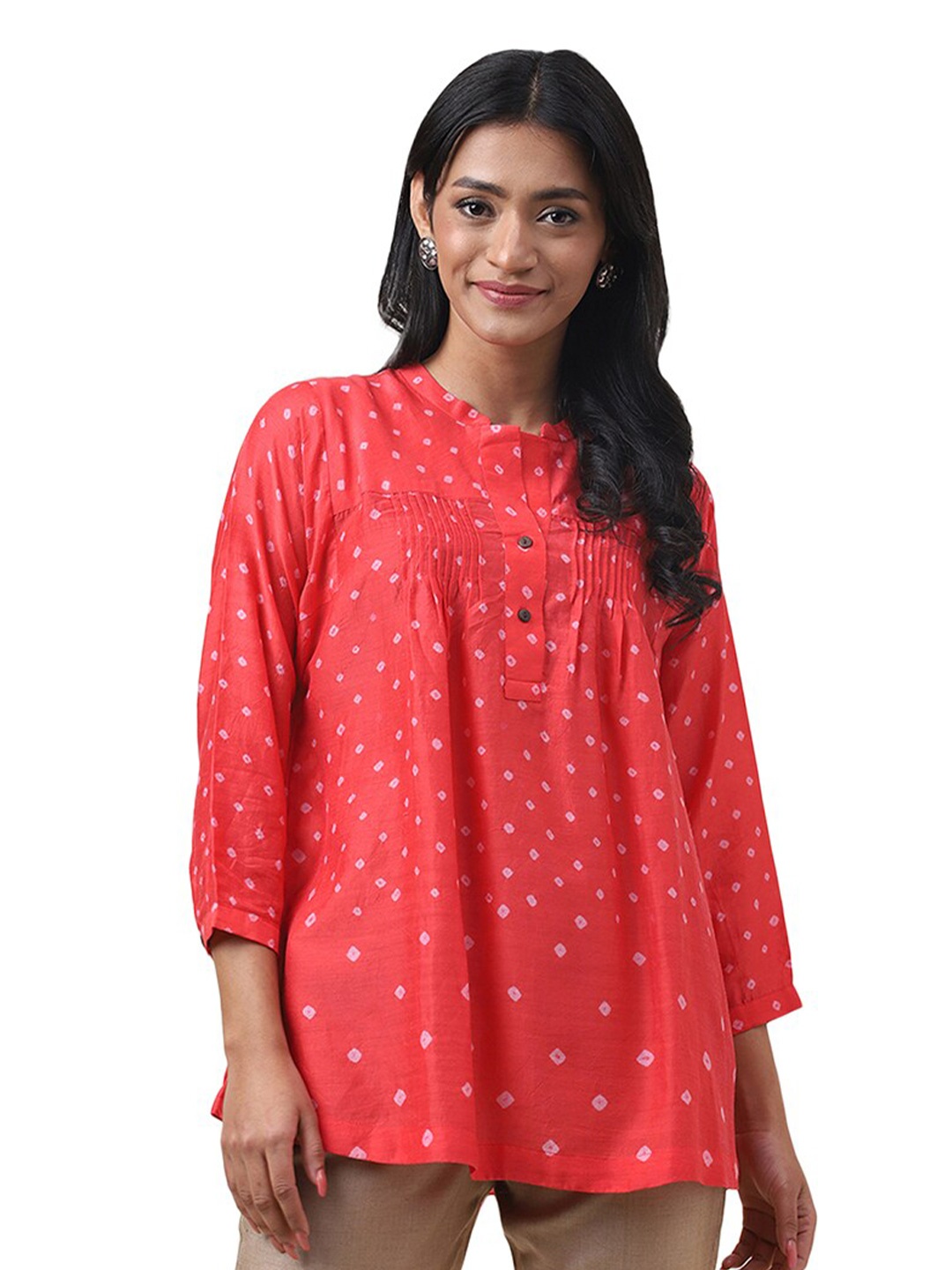 

Fabindia Printed Mandarin Collar Pintucks A-Line Top, Red