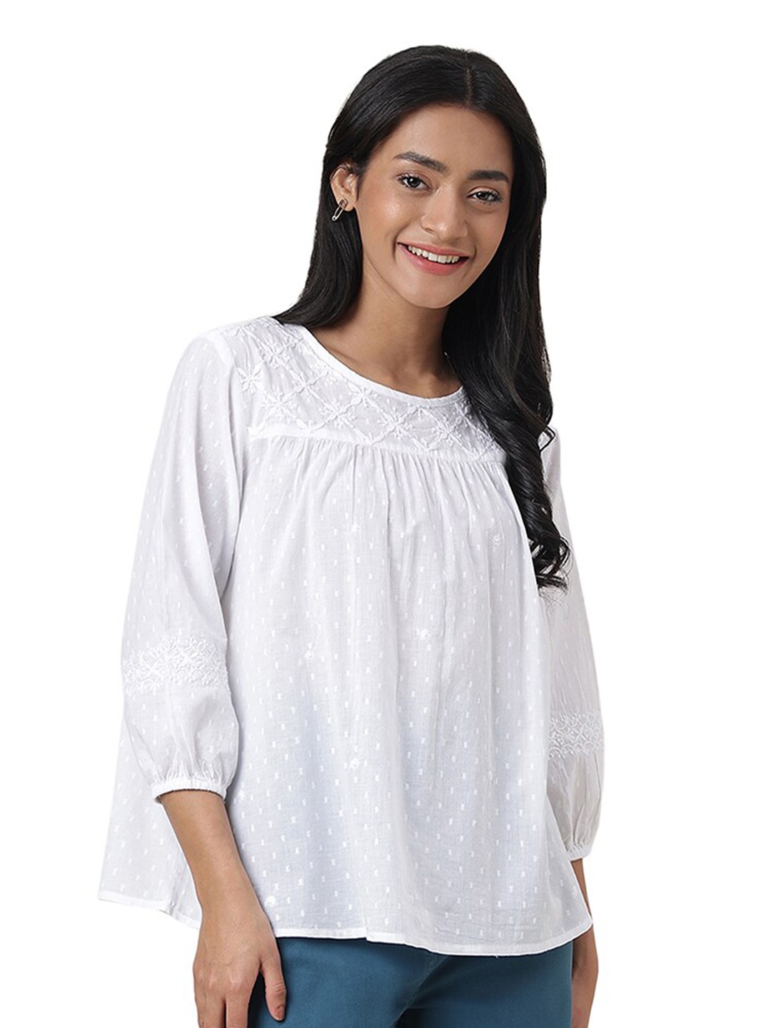 

Fabindia Self Design Embroidered A-Line Cotton Top, White