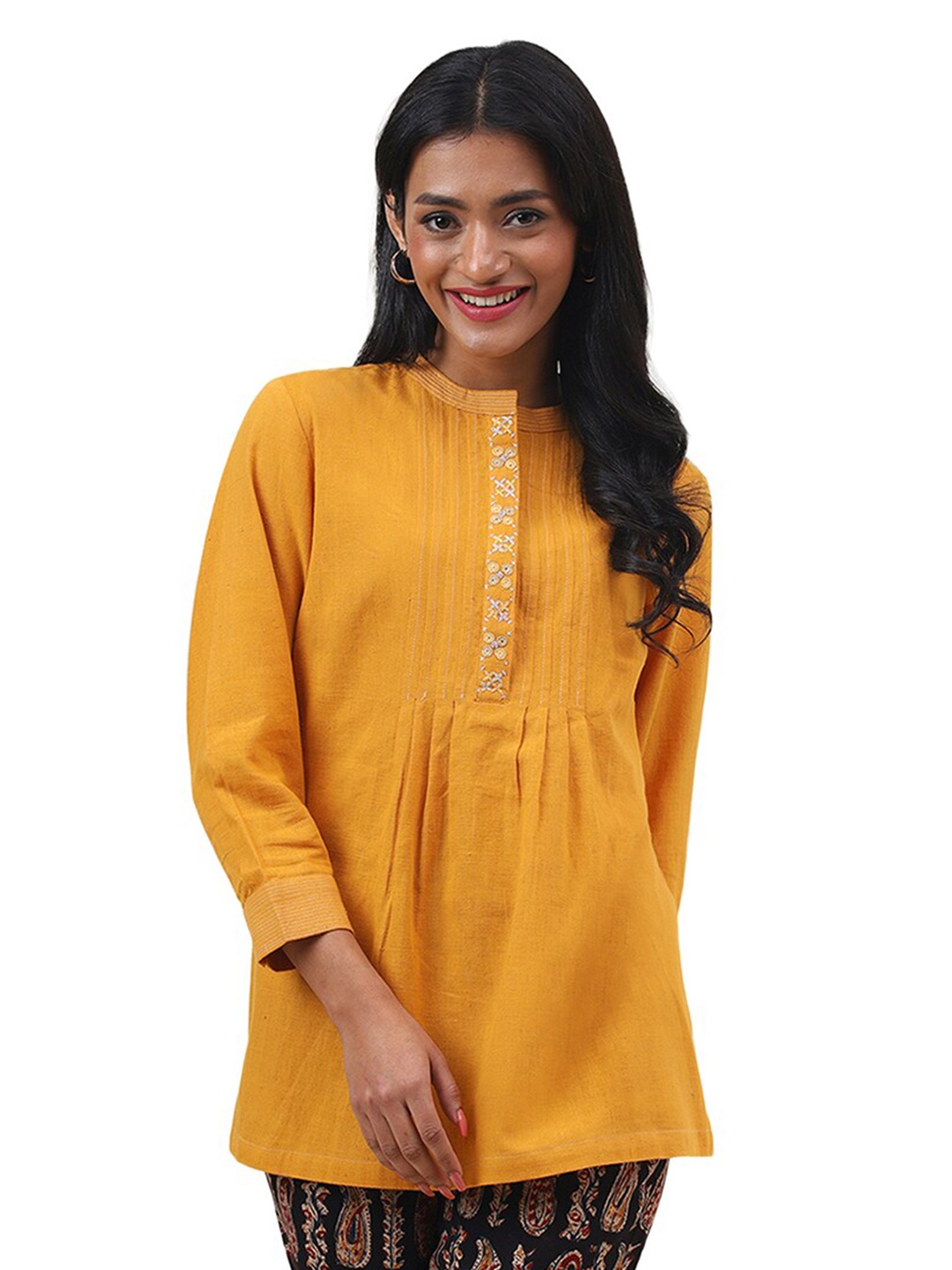 

Fabindia Floral Embroidered Mandarin Collar Pleated Cotton Tunic, Mustard