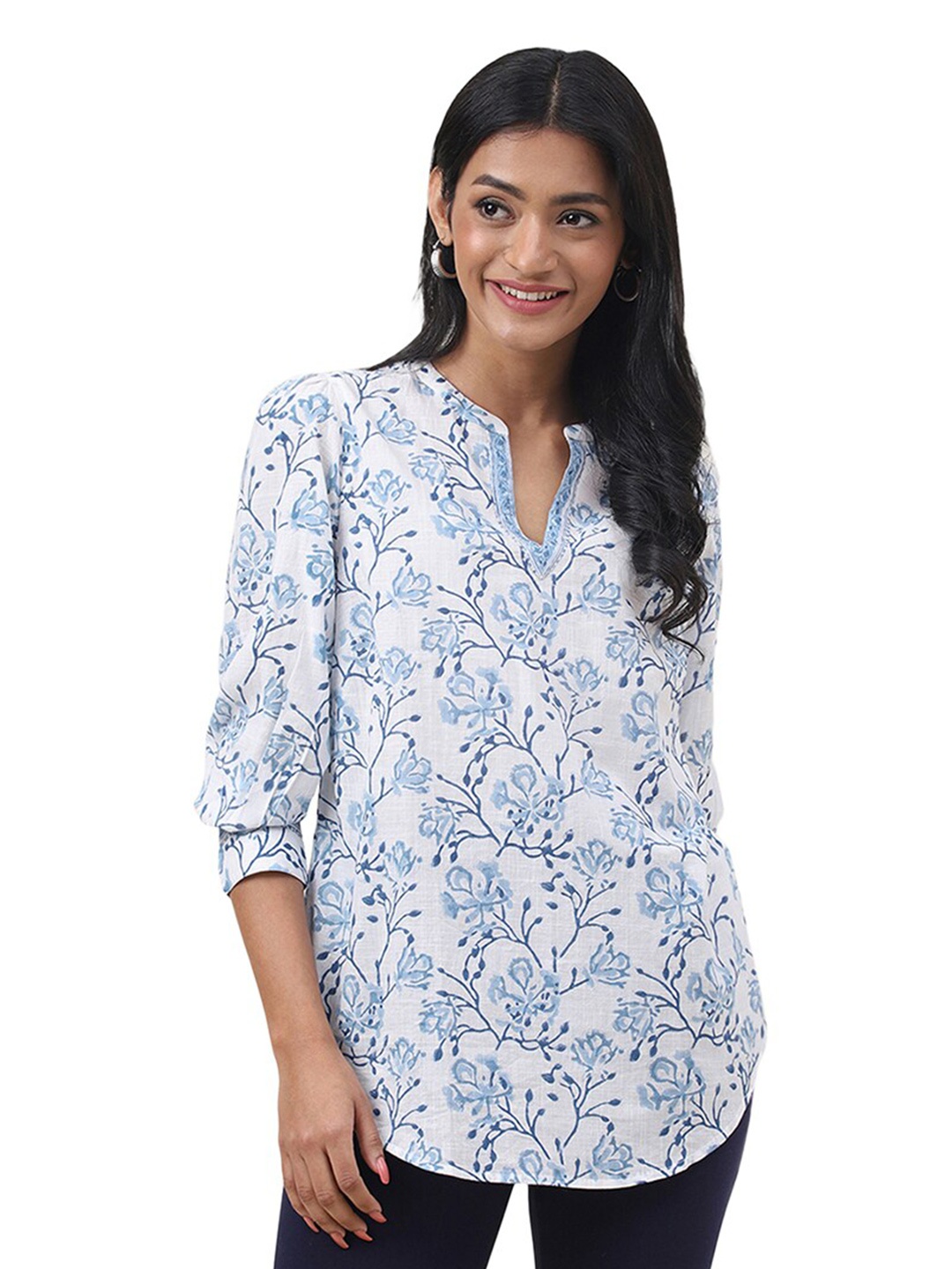 

Fabindia Floral Printed Cotton Tunic, Green