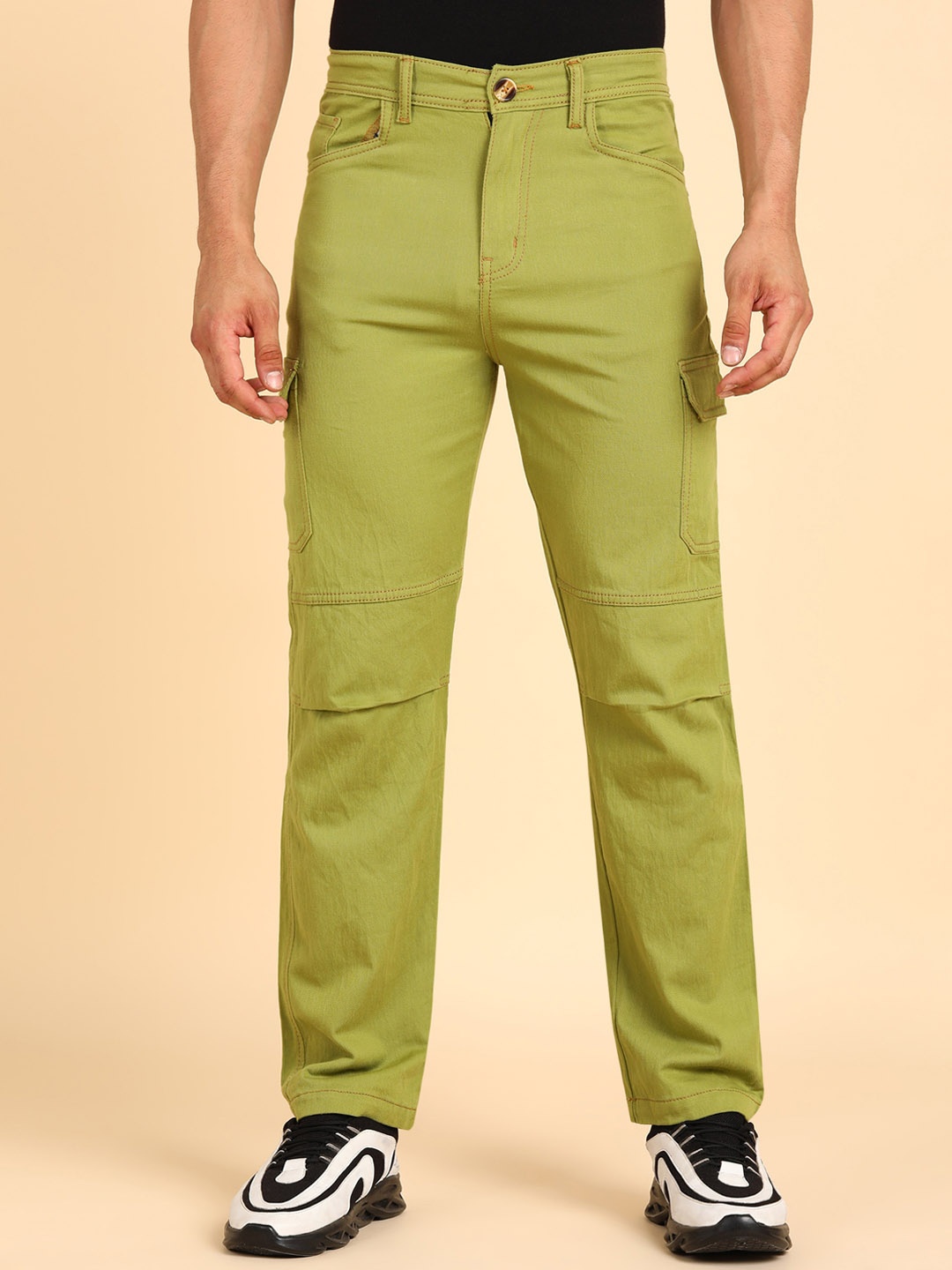 

MONTREZ Men Comfort Straight Fit Cotton Cargo Trousers, Green