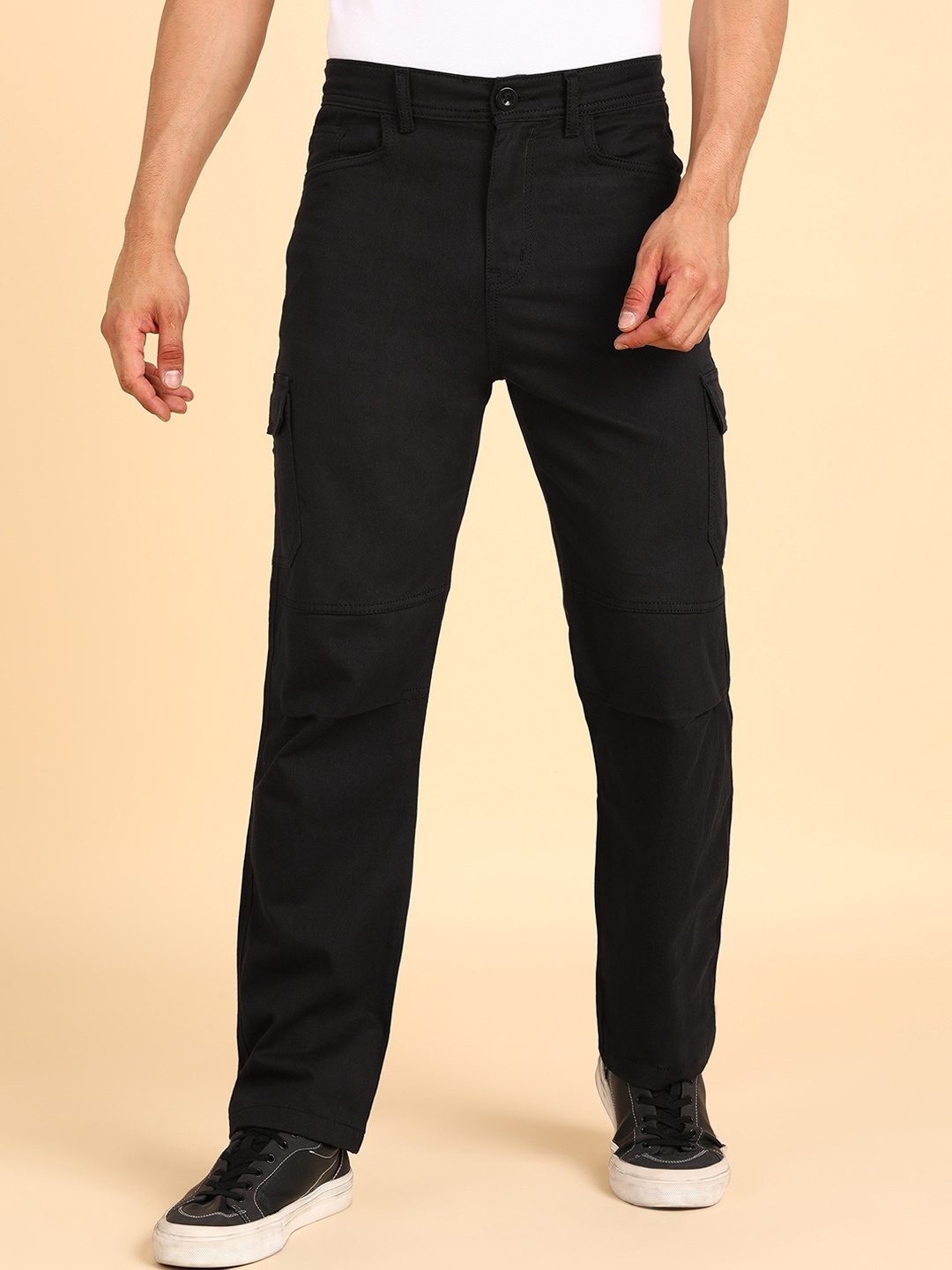 

MONTREZ Men Comfort Straight Fit Cotton Cargo Trousers, Black