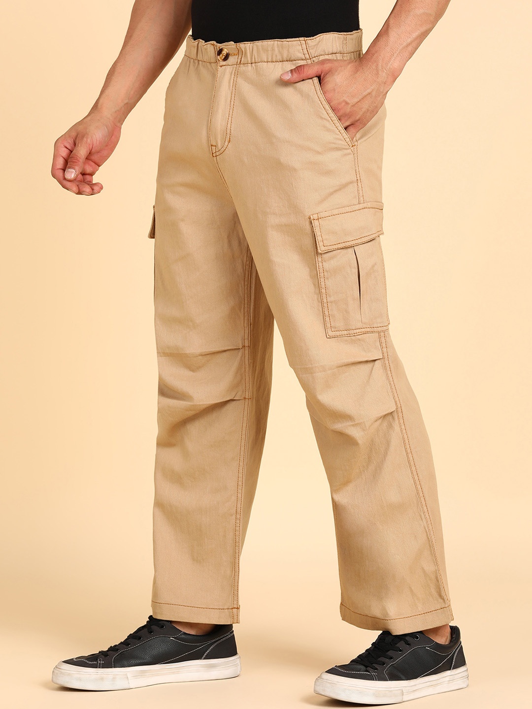 

MONTREZ Men Comfort Loose Fit Cotton Cargos Trousers, Camel brown