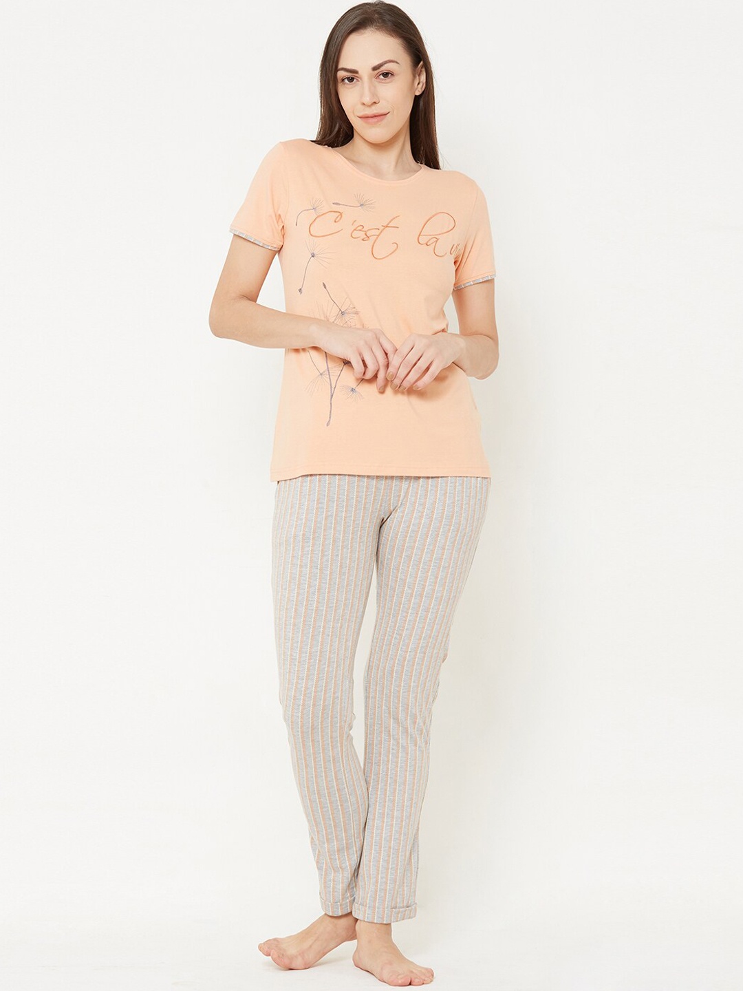 

Sweet Dreams Peach & Grey Typography Printed Pure Cotton Night Suit