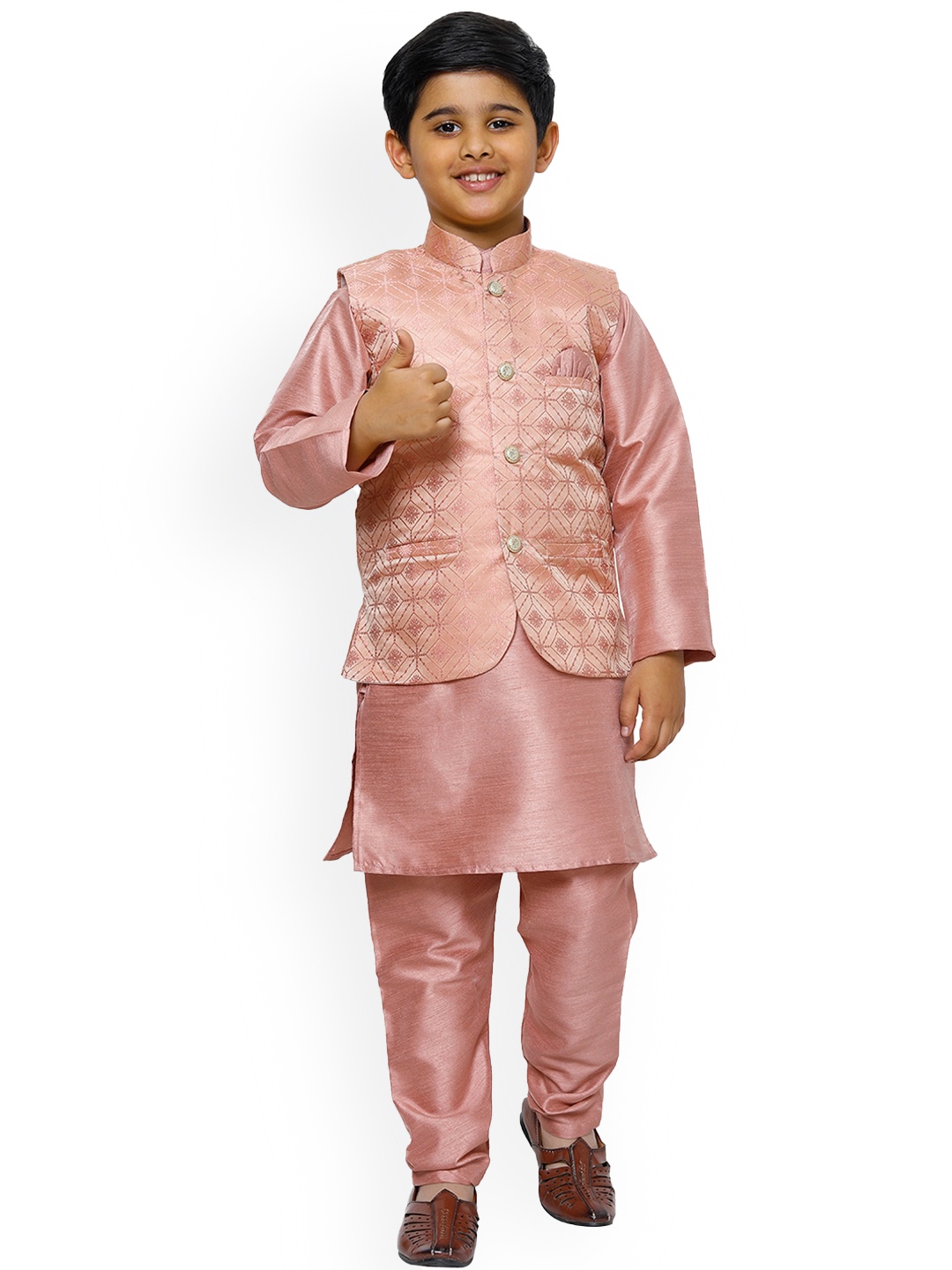 

Pro-Ethic STYLE DEVELOPER Boys Mandarin Collar Kurta With Pyjamas & Nehru Jacket, Pink