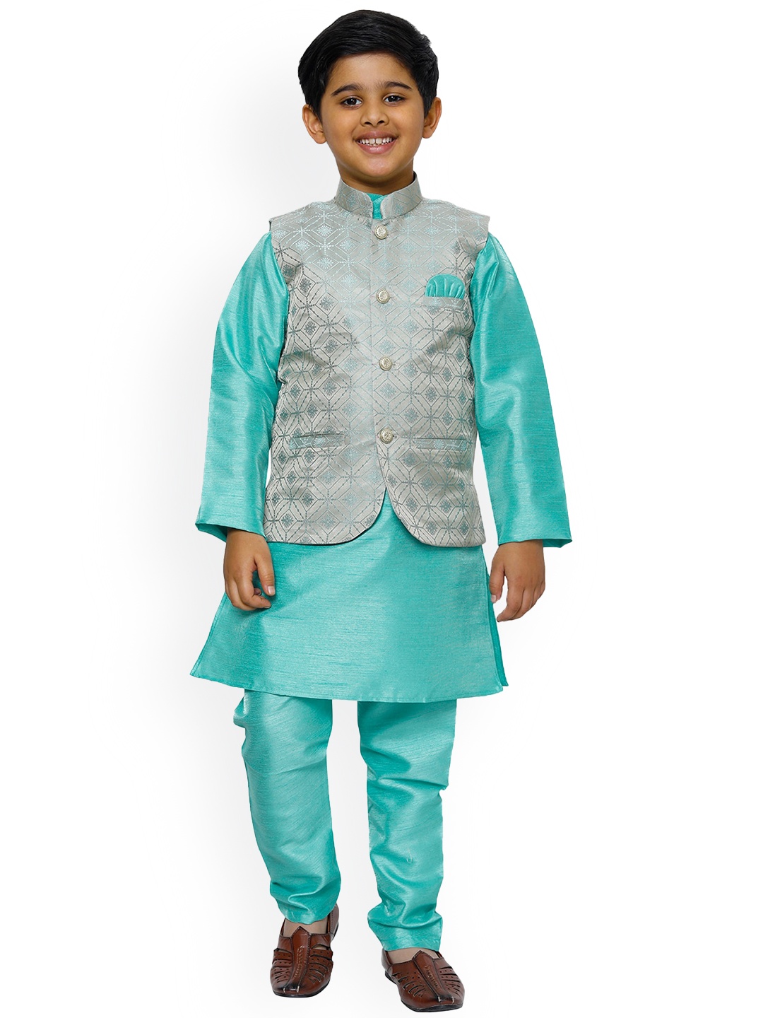 

Pro-Ethic STYLE DEVELOPER Boys Mandarin Collar Kurta with Pyjamas & Nehru Jacket, Turquoise blue