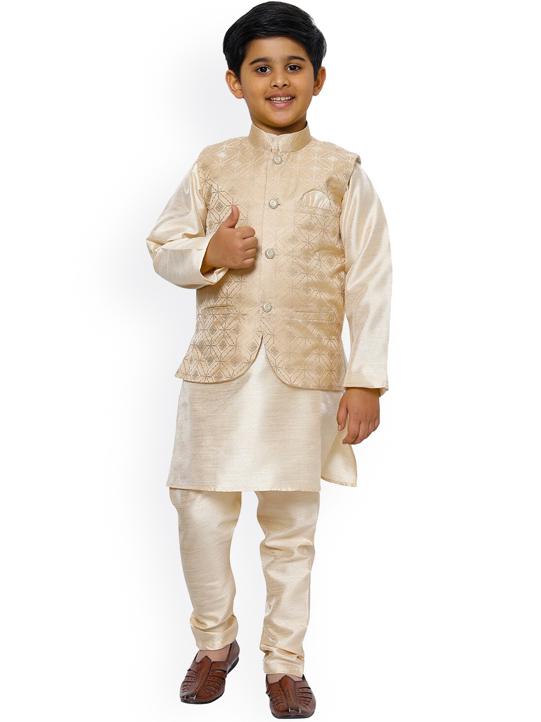 

Pro-Ethic STYLE DEVELOPER Boys Mandarin Collar Kurta with Pyjamas & Nehru Jacket, Off white