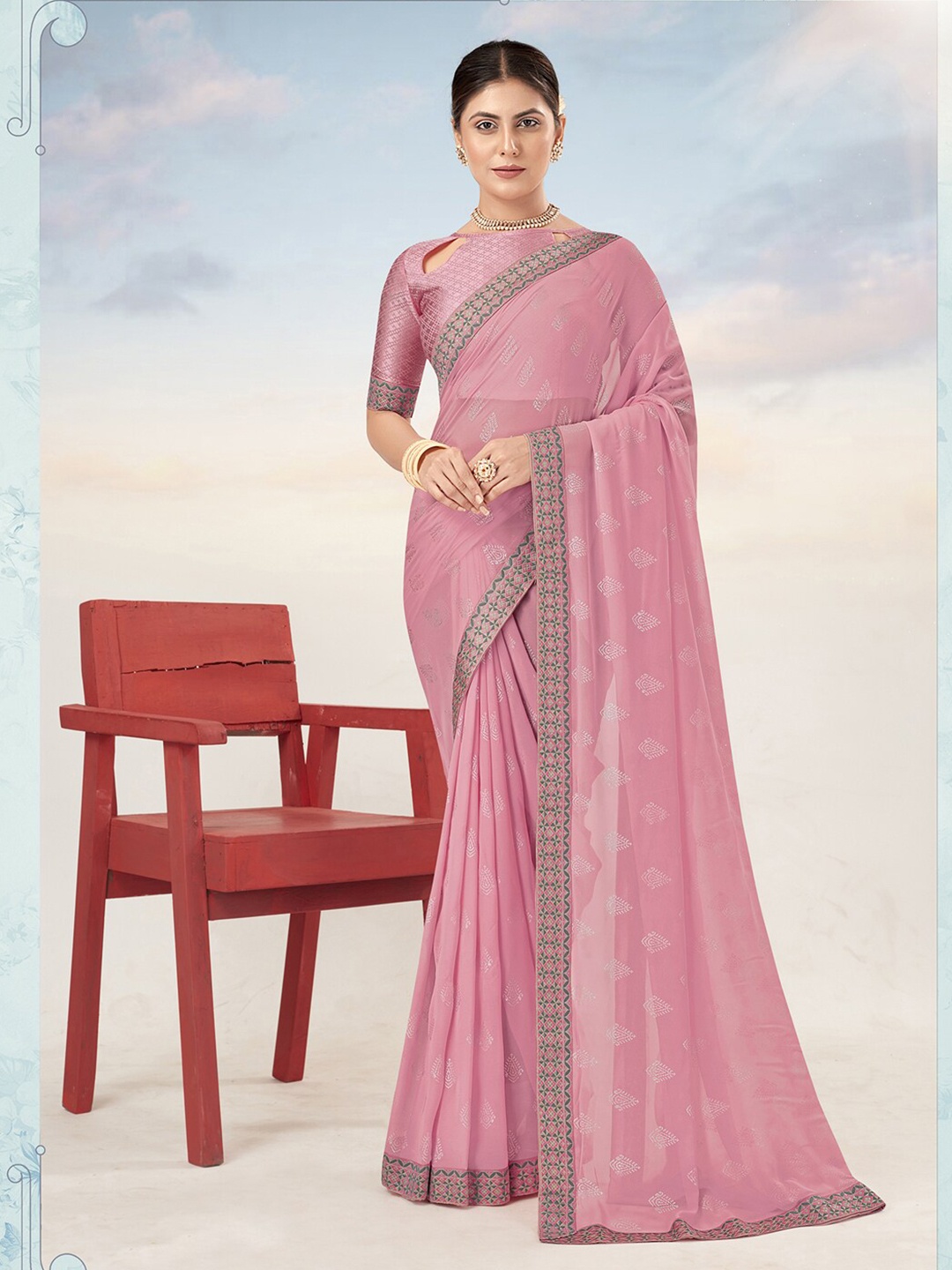 

Saree mall Mauve Grey Ethnic Motifs Woven Design Poly Georgette Sarees