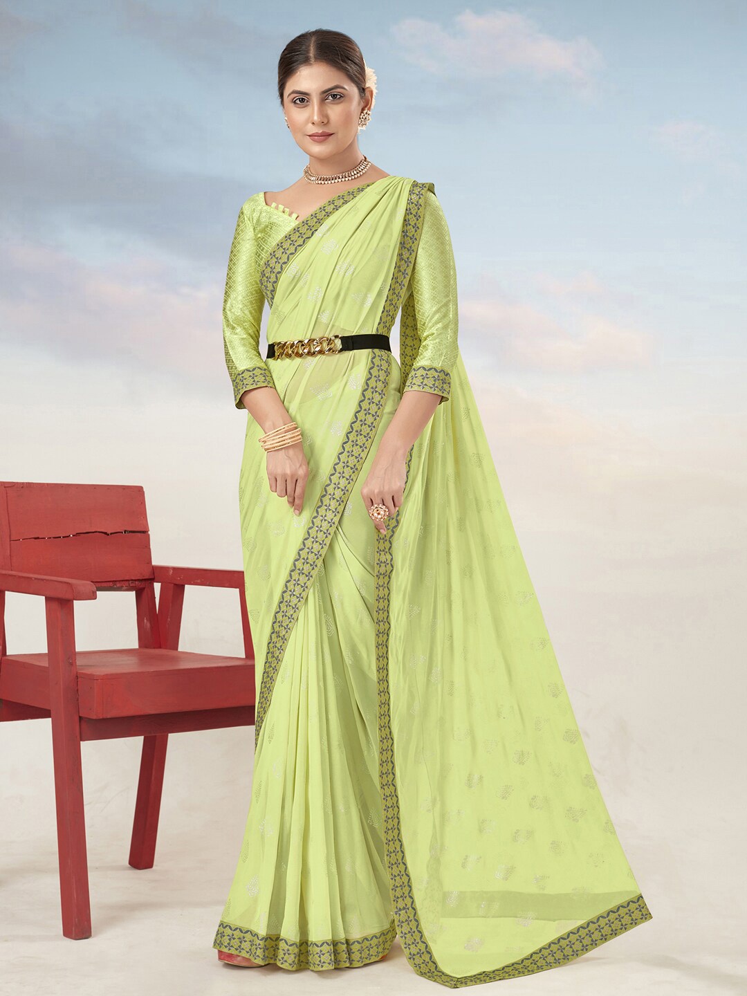 

Saree mall Green Ethnic Motifs Woven Design Pure Georgette Sarees