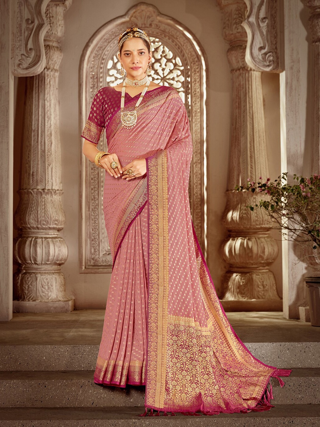 

Saree mall Pink Burgundy Ethnic Motifs Woven Design Poly Georgette Kanjeevaram Sarees