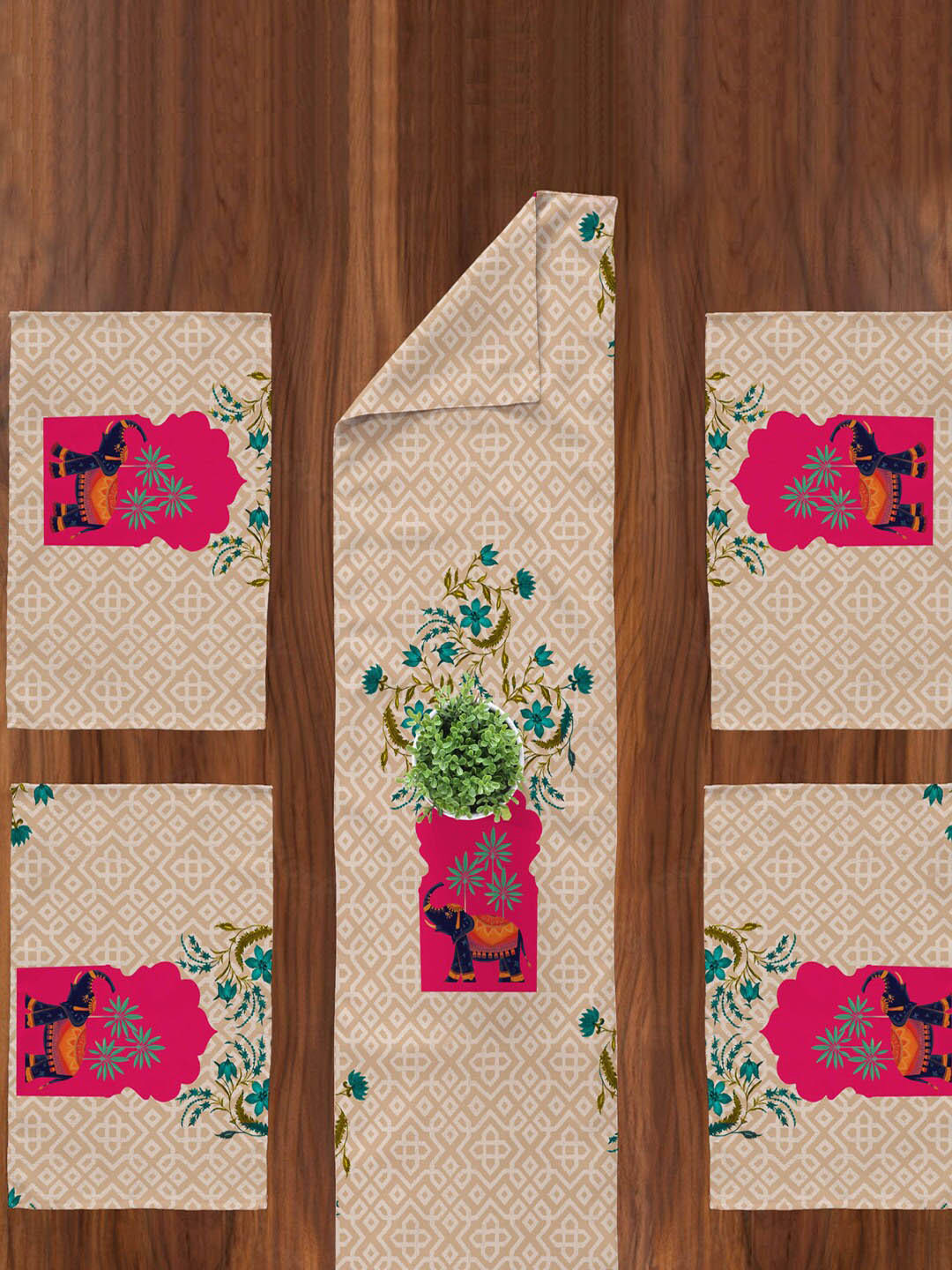 

SPACES 4 Pieces Ethnic Motifs Print Table Placemats With 1 Table Runner, Beige