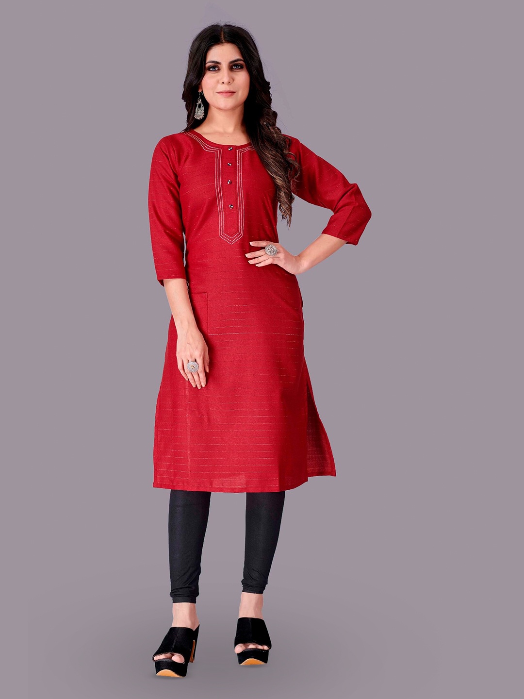 

APNISHA Striped Thread Work Straight Kurta, Red