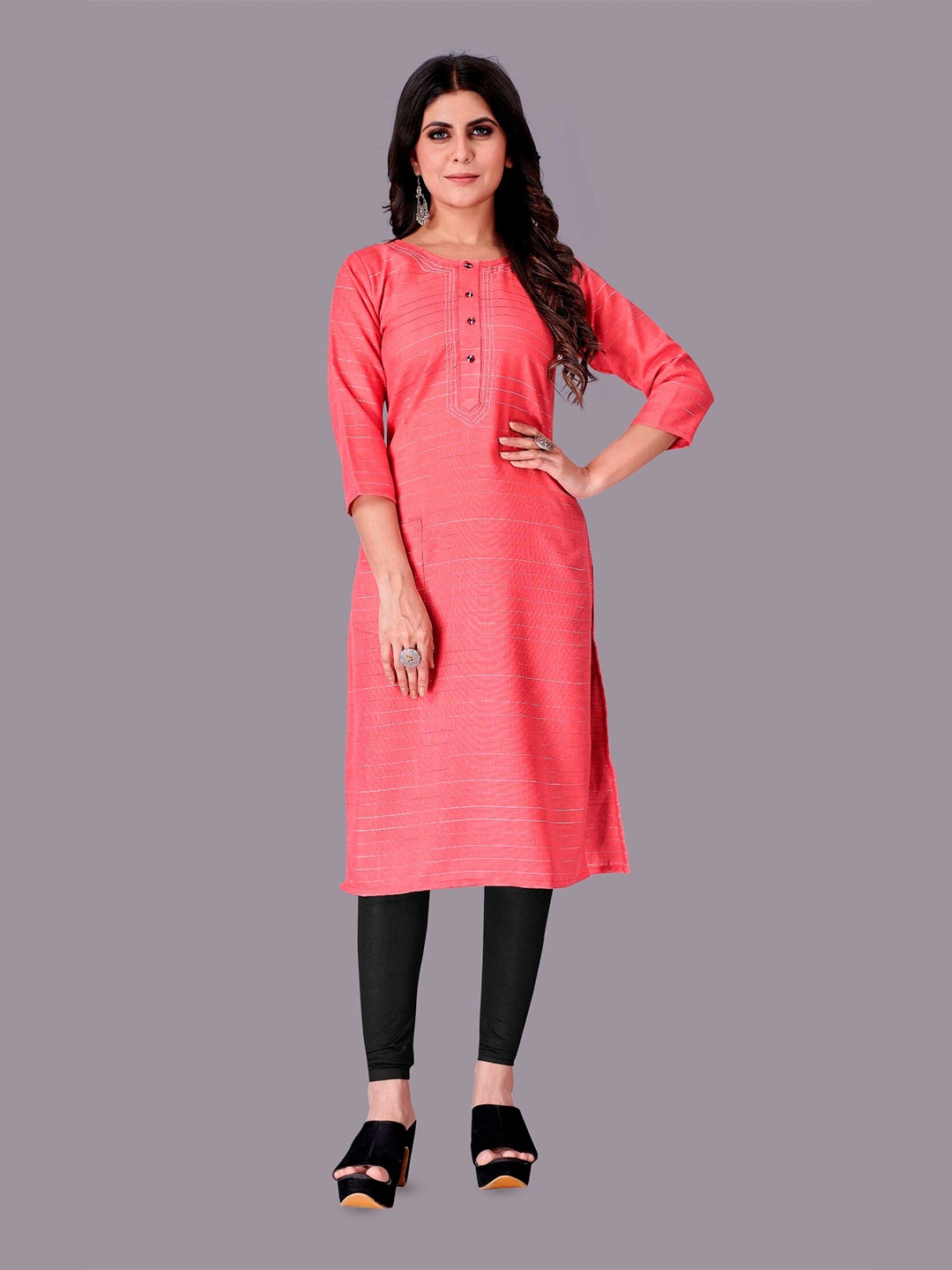 

APNISHA Striped Thread Work Straight Kurta, Peach