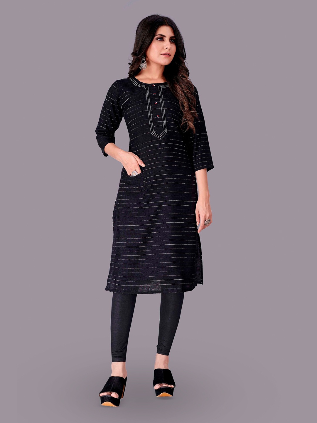 

APNISHA Striped Thread Work Kurta, Black