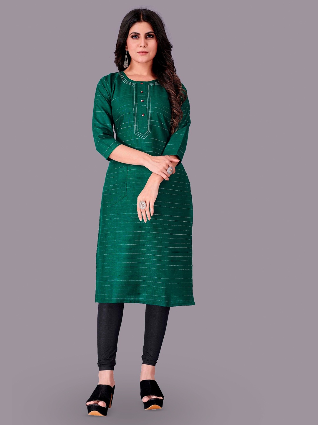 

APNISHA Striped Straight Kurta, Green