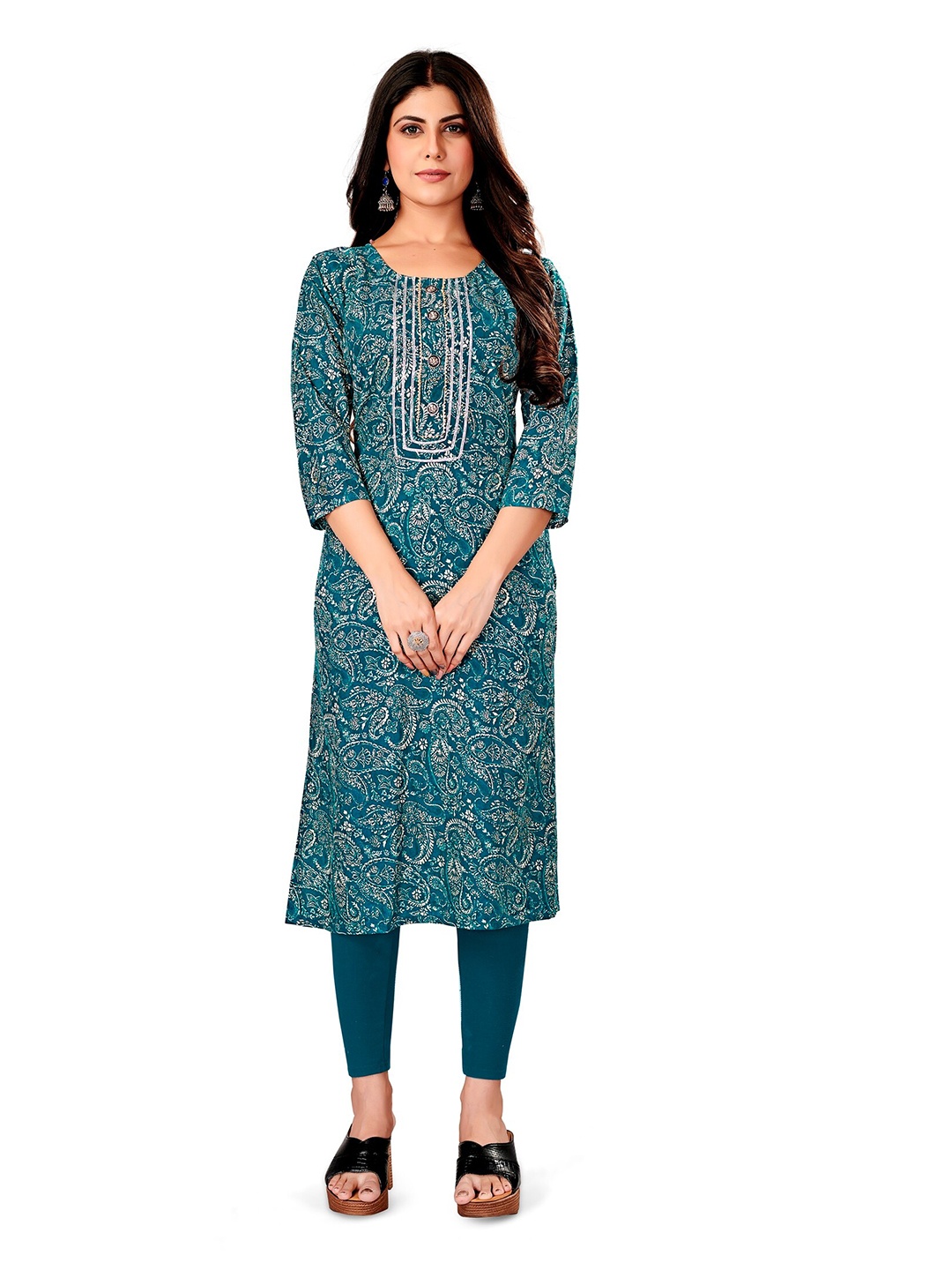 

APNISHA Paisley Printed Straight Kurta, Teal