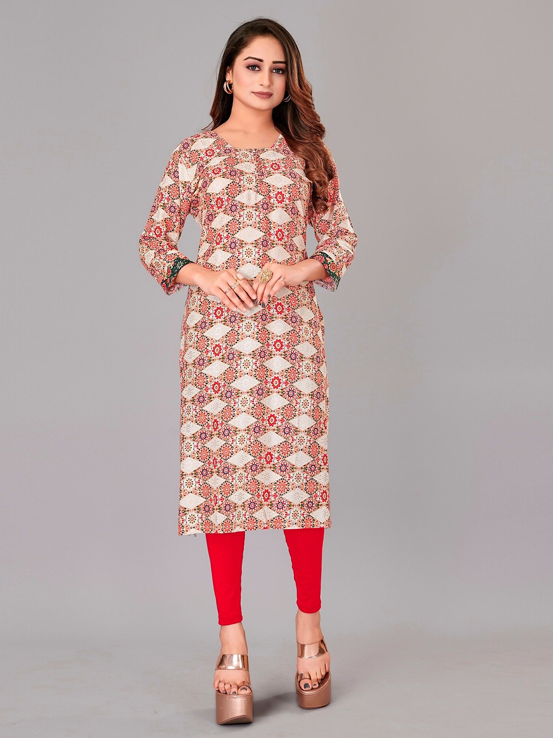 

APNISHA Floral Printed Straight Kurta, Beige