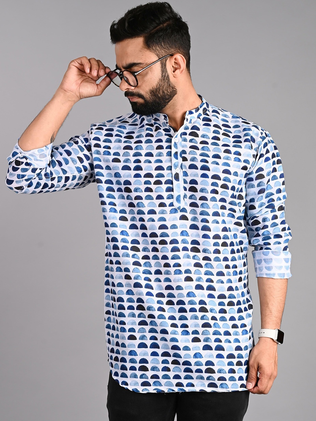 

FUBAR Mandarin Collar Geometric Printed Short Kurta, Blue