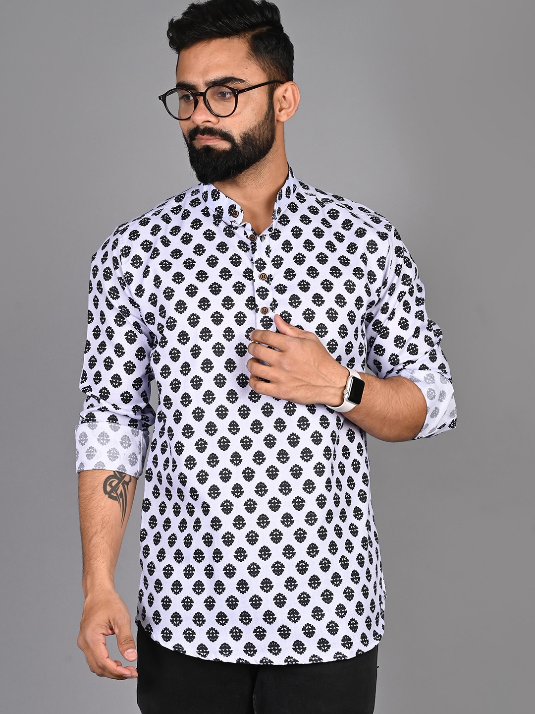 

FUBAR Mandarin Collar Ethnic Motifs Printed Short Kurta, Blue