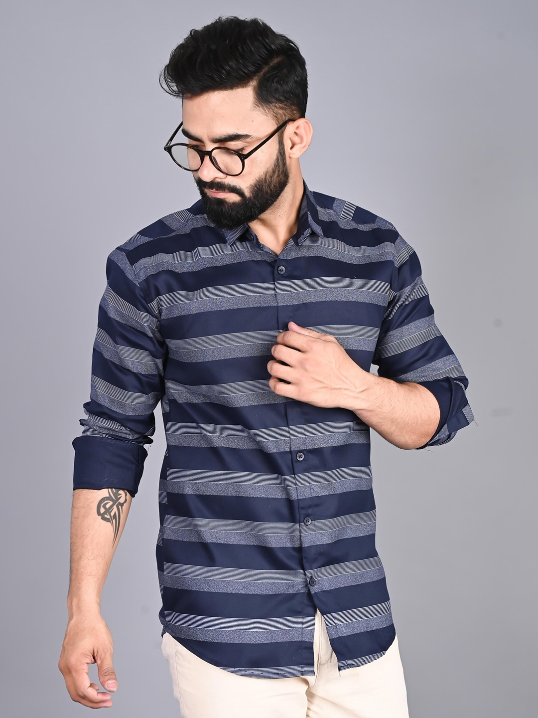 

FUBAR Horizontal Striped Slim Fit Casual Shirt, Navy blue