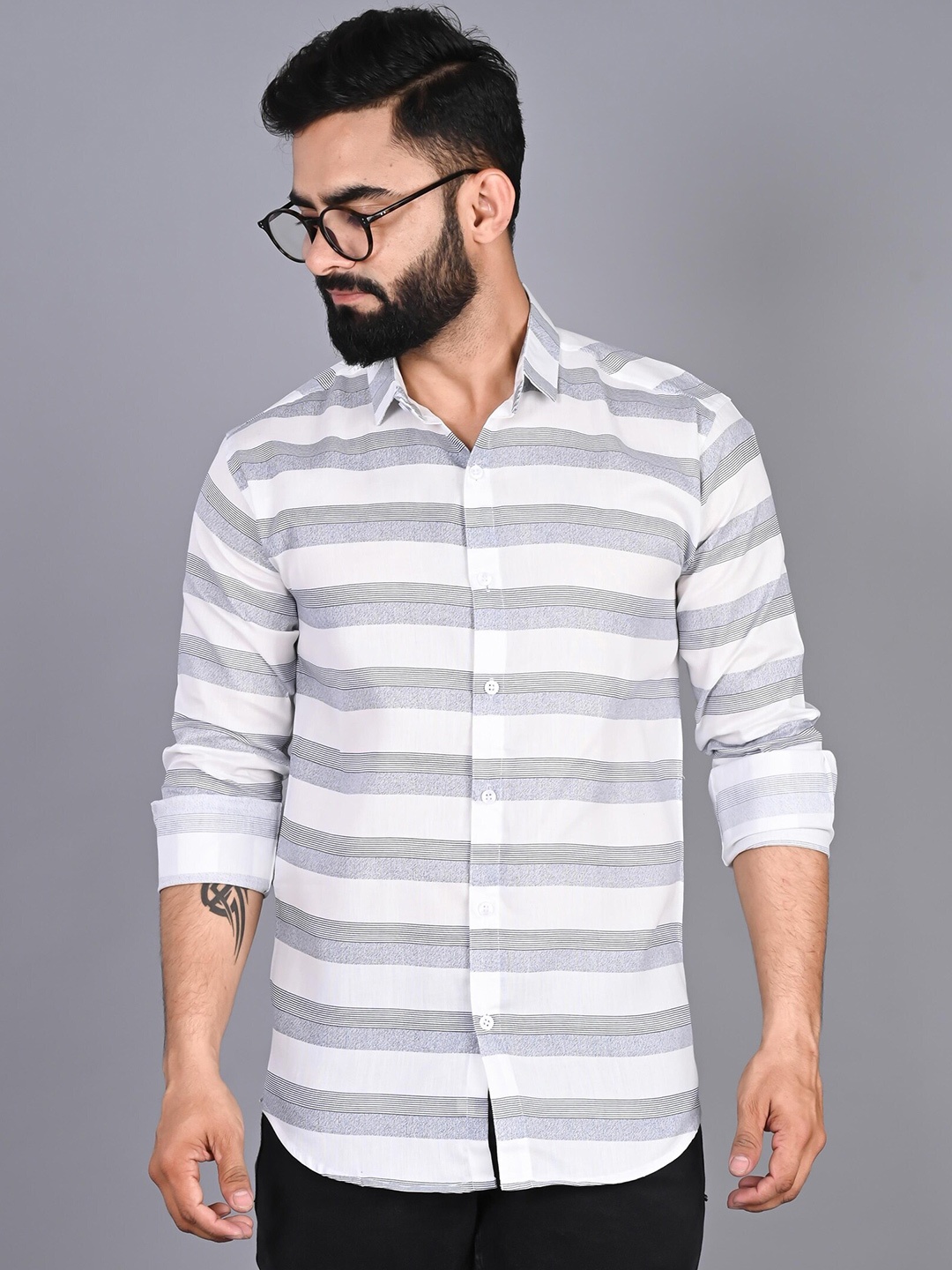 

FUBAR Horizontal Striped Slim Fit Casual Shirt, White